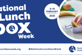 Information web banner from National Lunchbox Week with a little kid holding a banana with the dates 9-15 Febraury