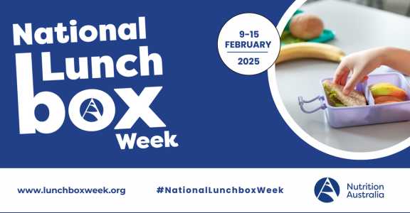 Information web banner from National Lunchbox Week with a little kid holding a banana with the dates 9-15 Febraury