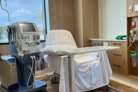 A dialysis unit, medical chair and bed trolley in a medical day unitl
