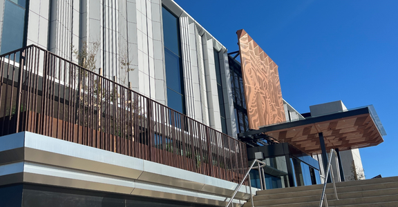 The facade of a hospital building showing stairs leading up to the forecourt and terrace.